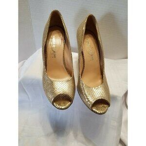 Carlo Pazolini Gold Metallic Leather Wedge Curved Heels Pumps Shoes 38, 7.5 USA
